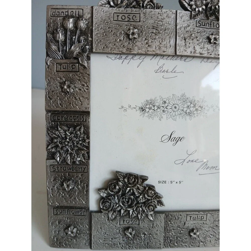Vtg Sage  Floral Pewter Picture Frame  5 X 5 Rose Tulip Sunflower Strawberry